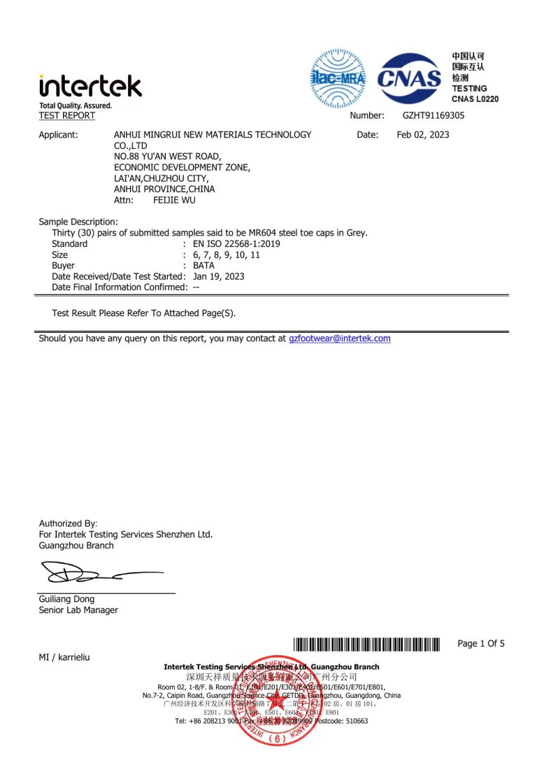 Steel Toe Cap Test Report - Page 1 image