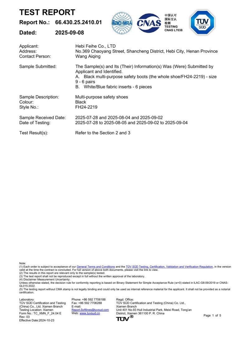 TUV SUD Safety Shoe Test Report - Page 1 image